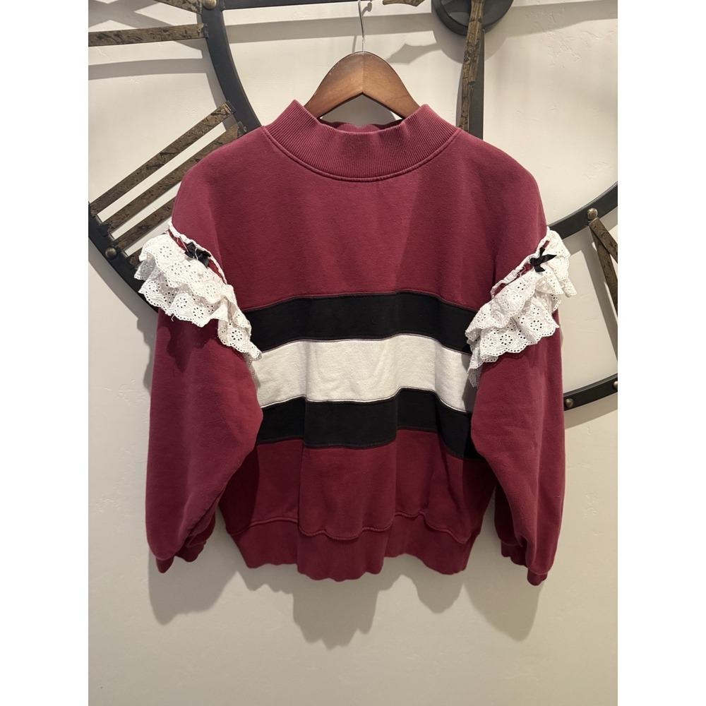 BDG Burgundy Striped Ruffle-Sleeve Sweatshirt